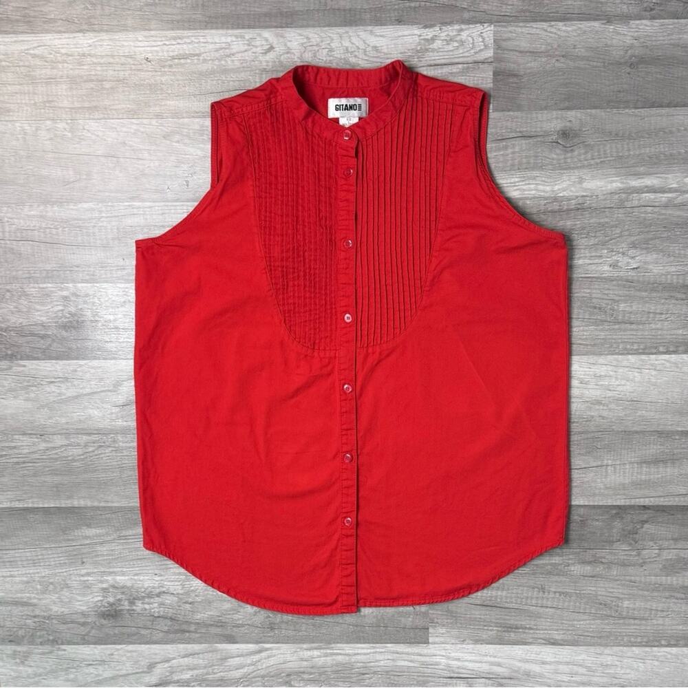 VINT Gitano Red Sleeveless Button Front Blouse Pintuck Bib Front Large Western